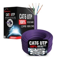 1000FT CAT6 Purple ETL CMR Ethernet Cable UTP Solid Copper 23AWG 550Mhz Wire