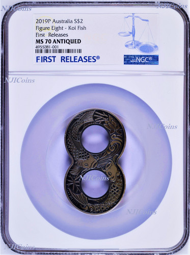 2019 Figure 8 Koi Fish ANTIQUED 2oz Silver $2 COIN NGC MS70 FR