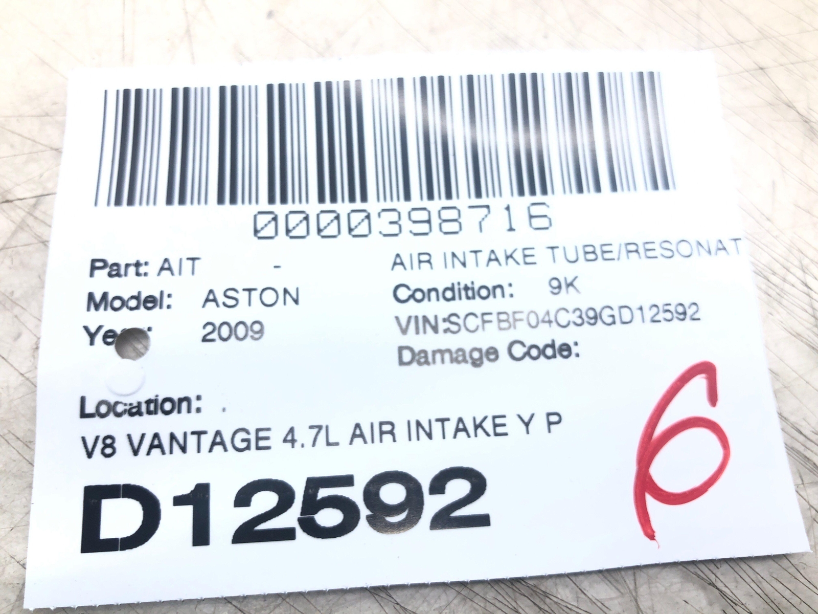 2009 ASTON MARTIN V8 VANTAGE 4.7L AIR INTAKE Y PIPE DUCT HOSE 6G33-9C623-DB OEM