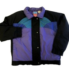 Vtg 80 90's Black Purple DOWN Filled PUFFER Coat RETRO Winter Snow SKI Jacket XL