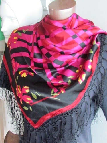 Tristan Silk Satin Mantilla Scarf Floral Shawl Dancing Black Fuchsia Fringe - Picture 3 of 12