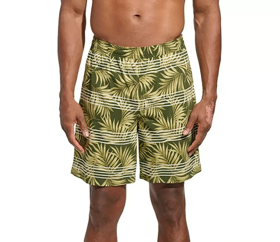 Kirkland Signature Men's Stretch Swim Shorts, Green Palm Stripe, Size L
