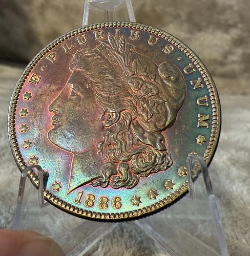 *1886 P MORGAN DOLLAR SUPERB GEM BU PROOF LIKE MONSTER RAINBOW TONED #2754