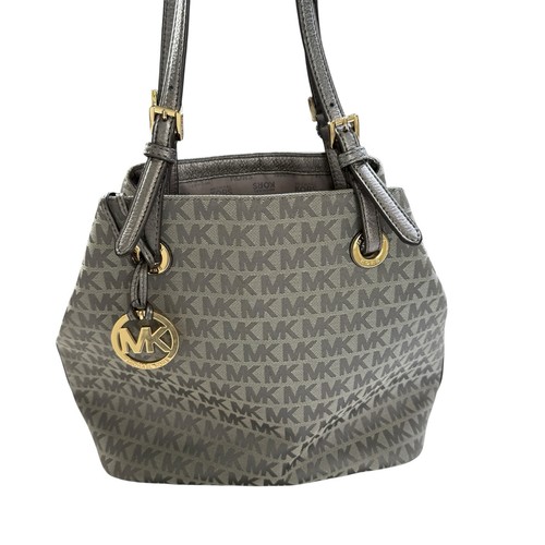 Michael Kors Jet Set Grab Bag Jacquard Signature MK Monogram Canvas Tote Gray