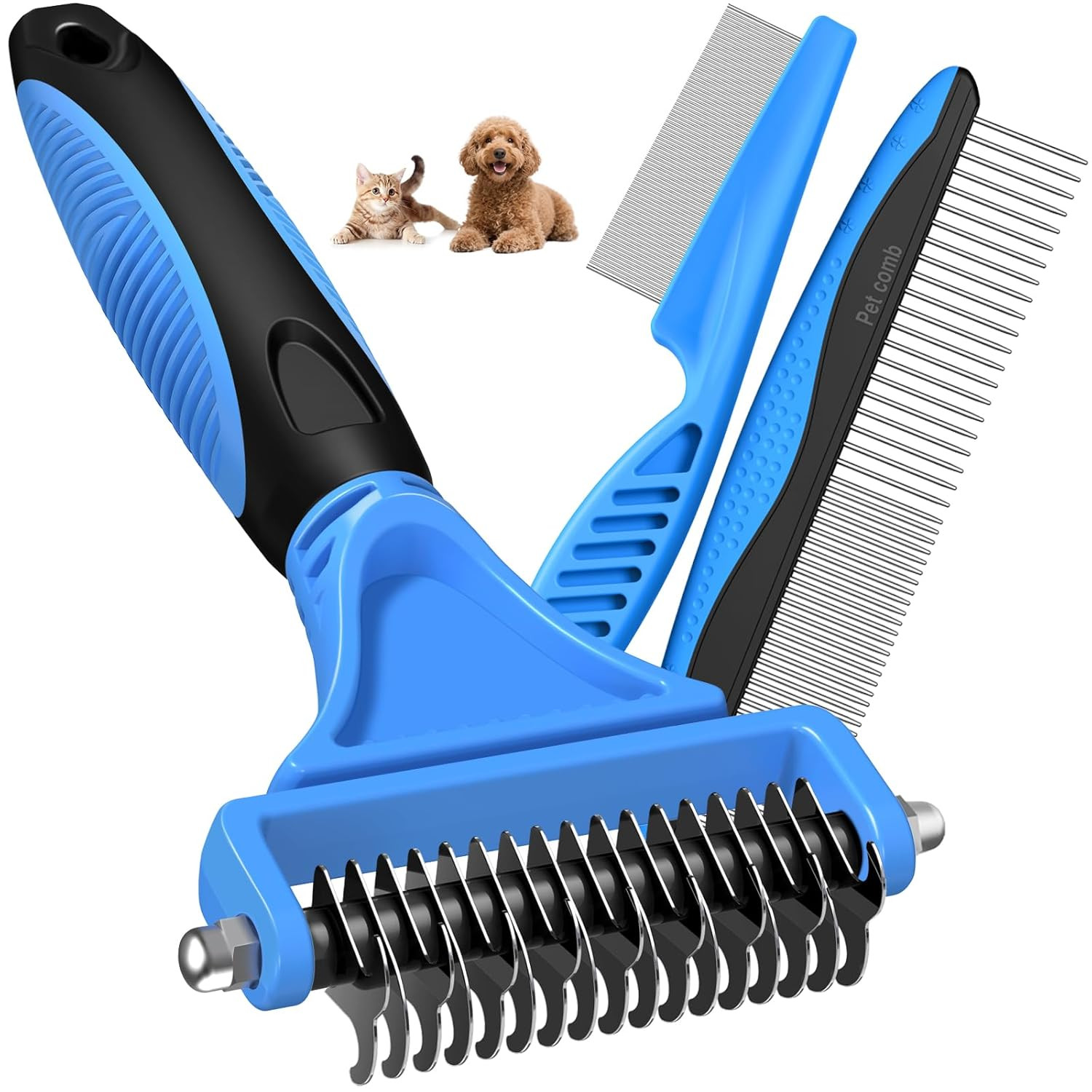 3PCS Pet Grooming Rake & Metal Comb & Flea Comb for Cats and Dogs, Double-Sided 
