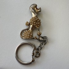 Vintage Gold Tone Pearl Ruby Seated Poodle Key Chain With Clip