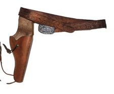 Vintage Tooled Leather Ammo Belt With Pistol Holster Size 34 With Silver Buckle