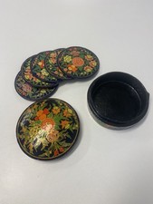 Rare Hand Painted Lacquered Decorative Coasters & Box Vintage Set of Six Floral 