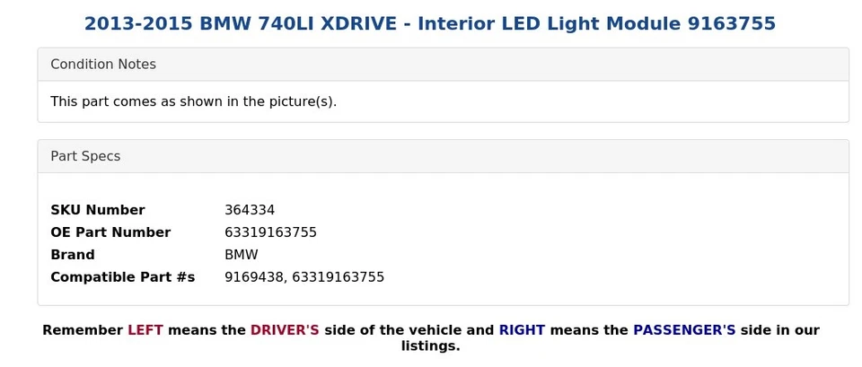 BMW 740LI XDRIVE 2013-2015 - Módulo de luz LED interior 9163755 Foto 4 de 4