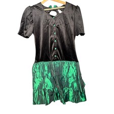 80s Vintage T Juniors Black Velvet Green Satin Tiered Bow Back Party Dress