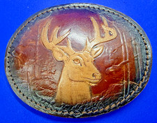 Buck Deer Stag Head Embossed on Leather Hunter Sportsman Cowboy Belt Buckle