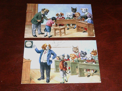ZWEI ORIGINAL ANTHROPOMORPHE HUNDEPOSTKARTEN - SCHULE.