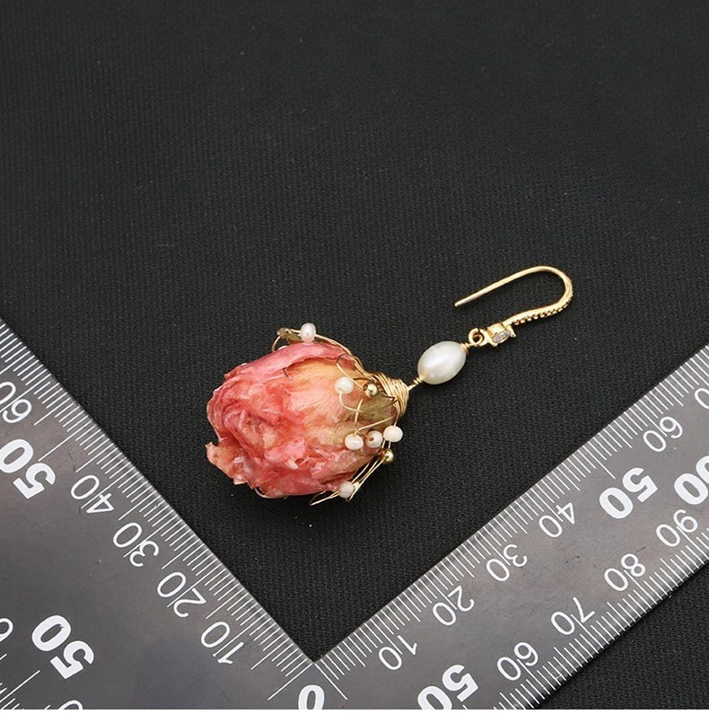 Pendientes de perlas naturales de agua dulce barroco bohemio gota de flores reales plata 925 Foto 4 de 4