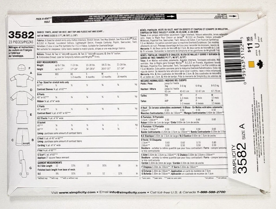 Simplicity Baby Sewing Pattern 3582 Baby Sizes XXS to L Pants Jacket Vest Uncut - Image 2 of 3