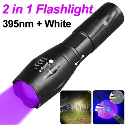 Zoom 395nm UV Light Blacklight Rechargeable Tactical LED Flashlight 18650 Lamp