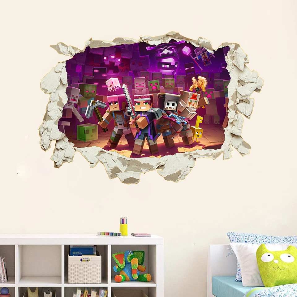 Minecraft Wall Sticker Smashed 3D Crack Kids Bedroom Decal Gift Game - Image 4 of 4