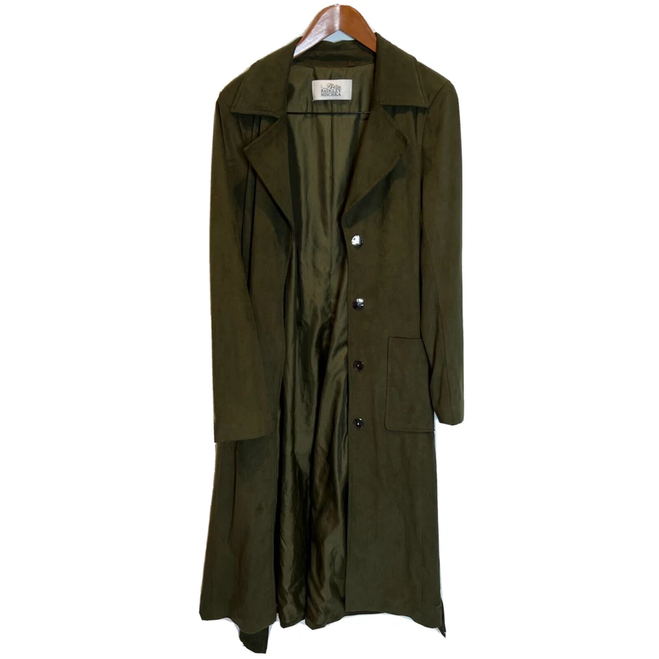 Gabardina Belle Badgley Mischka para mujer imitación gamuza verde envolvente talla L Foto 3 de 4