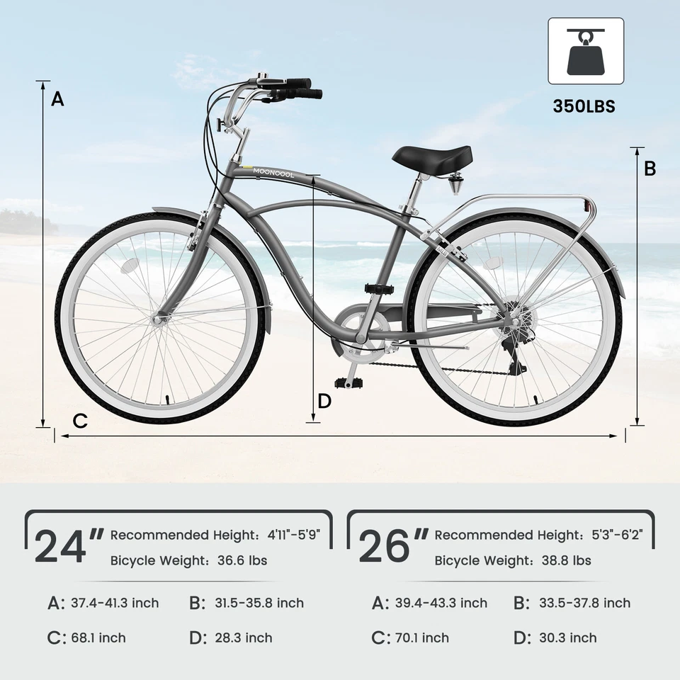 MOONCOOL Beach Cruiser Bike, 24 inch Commuter Bicycle for Adult Men and Women - Image 2 of 4