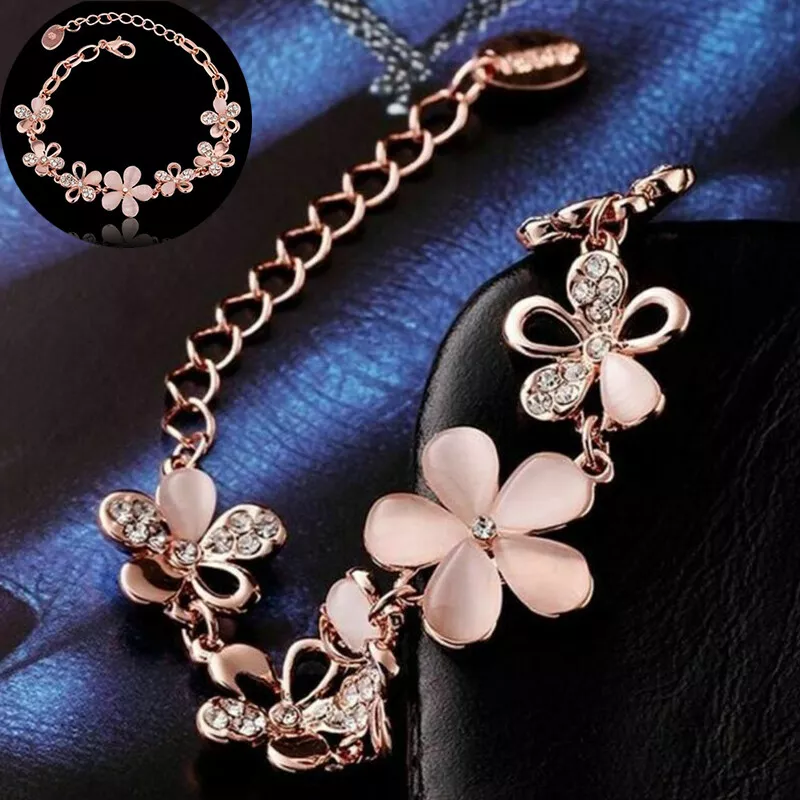 Charming Rose Gold Plated Women Pink Cat s Eye Flower Chain Opal