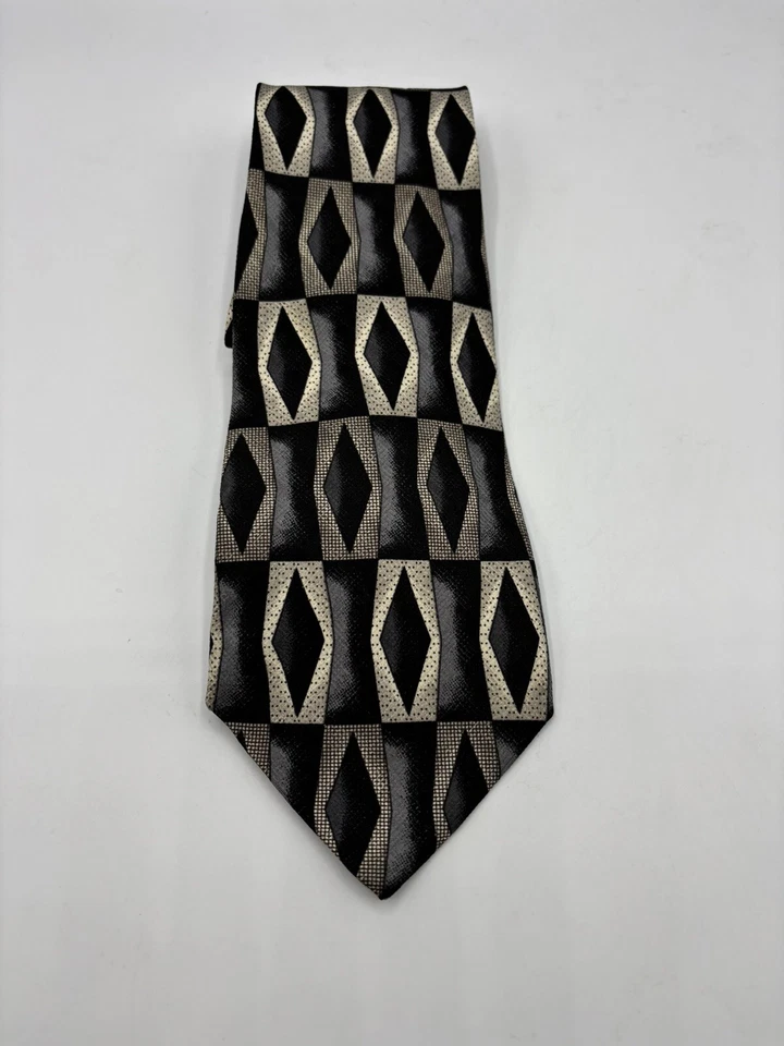 Corbata de seda negra beige patrón geométrico hecha en Italia Foto 4 de 4