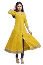 Yash Gallery Women's Cotton Slub Checks Print Anarkali Kurta Mustard Yellow 