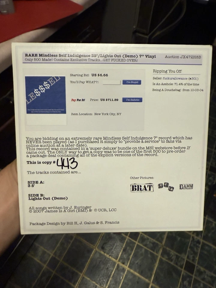 Mindless Self Indulgence 3s'/Lights Out (демо) 7 дюймов винил с подписью группы! - Изображение 2 из 2