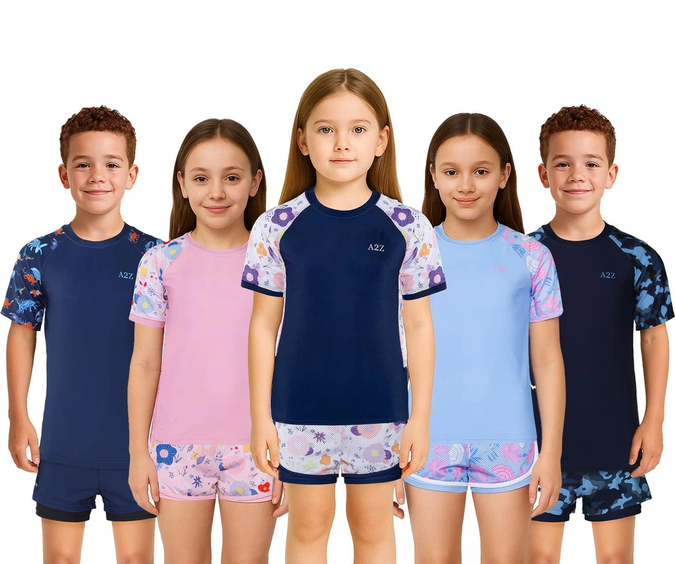 Kinder Mädchen Badeanzug Set Rash Guard Bademode Blumen Navy 2-teilig Strand Outfit Set