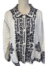 Johny Was White  Navy Embroidered Button-Up Linen Jacket With Pockets size M