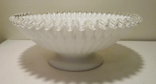 Fenton Silver Crest Milk Glass 10.5" Footed Bowl Double Crimped Ruffled Mint Vtg