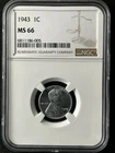 1943  1C Lincoln Wheat One Cent  NGC MS66  6811186-005