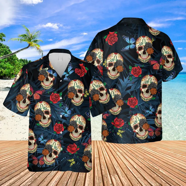 Sugar Skull Floral Day of the Dead Hawaiian Shirt