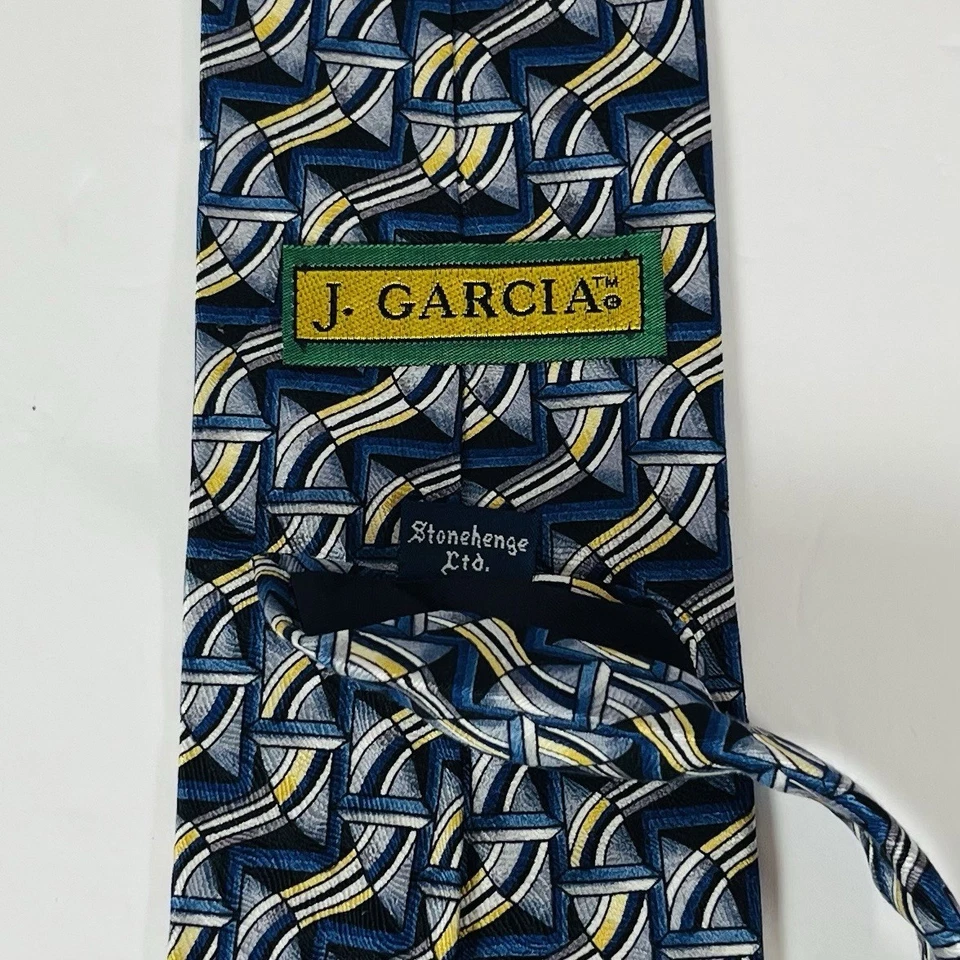 "Corbata de cuello J. Garcia 100 % seda azul/plateado/dorado abstracta hecha por Stonehenge 3 3/4""" Foto 3 de 3