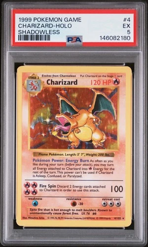 1999 POKEMON BASE SET SHADOWLESS #4 CHARIZARD-HOLO PSA 5