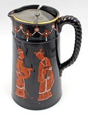 Antique English Pottery Pitcher c1875 Chinoiserie Black Ware Jackfield Pratt