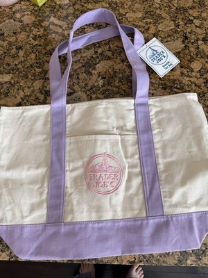 Trader Joe's Canvas Reusable Shopping Bag Tote Purple Beige Eco Friendly Grocery