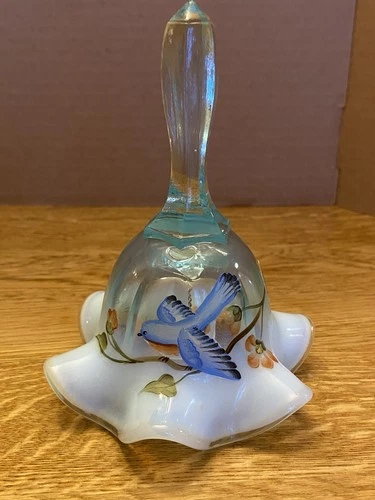 Vintage Fenton Aqua Blue Opalescent Hand-Painted Blue Bird Glass Bell Glows!