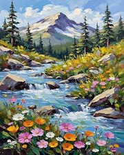 Mountain Lake Flower Paint by Number for Adults DIY Canvas Home Wall Art Decor
