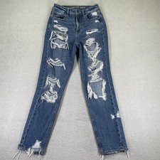 American Eagle Jeans Womens 00 Mom Mid Rise Stretch Distressed Dark Wash Denim