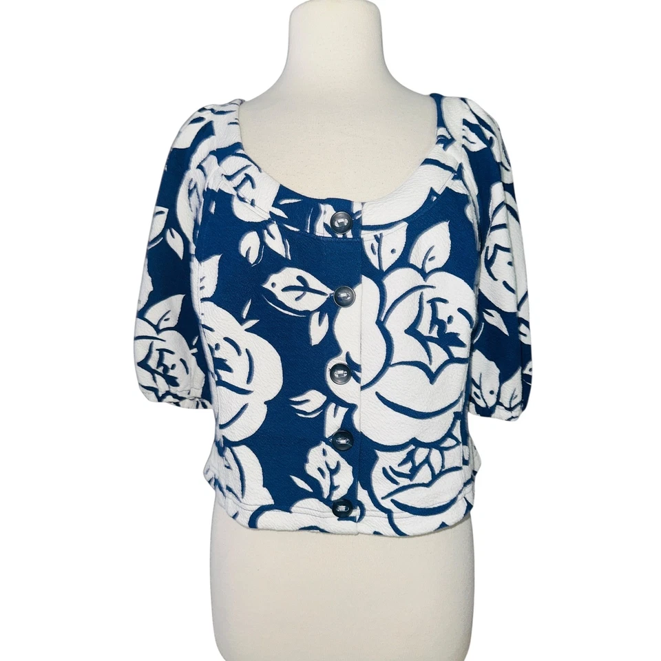 Cárdigan A6 Maeve Anthropologie Floral Recortado Top Abotonado Azul Nuevo con Etiquetas Grande