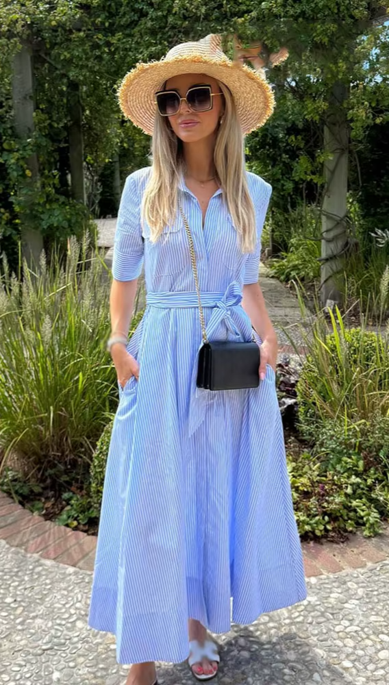 Zara ZW Collection Long Poplin Shirt Dress Blue Striped Size S M