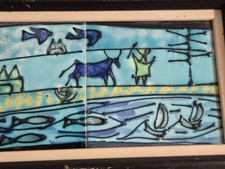 Vtg. mcm handmade artist tile framed picture; water, fish, etc.... Harris Strong