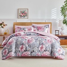 Bed in a Bag Queen, 7 Piece Floral Comforter Sheet Set, Tie-dye Pink Flower o...