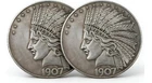 2PCS 1907 Antique Liberty Indian Head $10 Dollar Coin, Uncirculated Morgan Silve