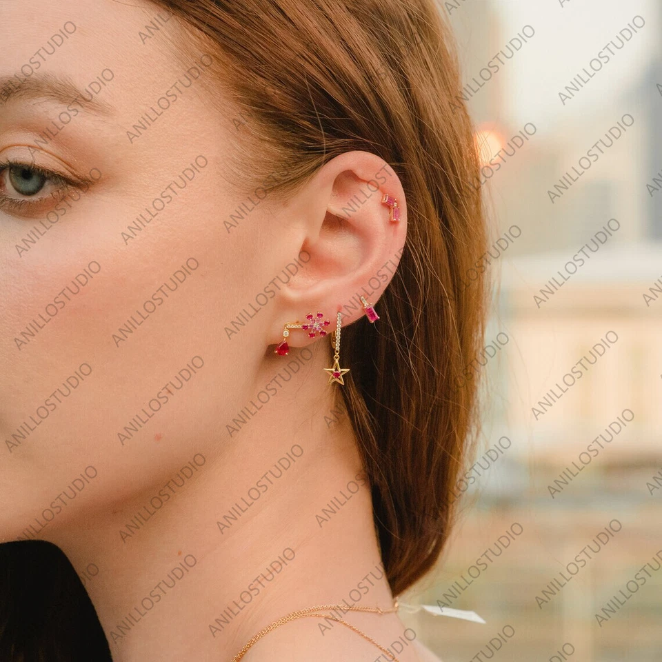 14k Yellow Gold Star&Crescent Moon Drop Earrings,Ruby,Diamond,Blue Sapphire Hoop - Image 2 of 4