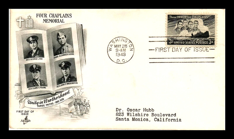 956 3c Stamp (1948) THE BENEVOLENT FOUR CHAPLAINS FDC BY ART CRAFT CACHETS !!