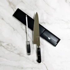 9.5 in Chef Knife with Sharpening Stick German Steel Pakkawood Handle Edge Cover