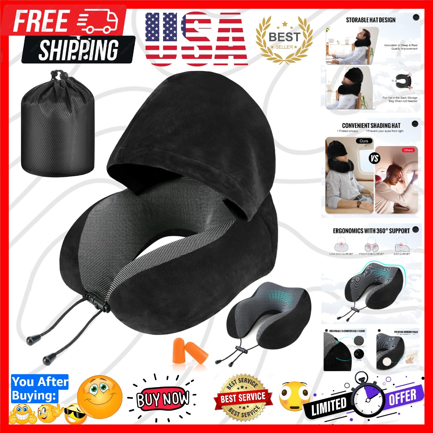 Ultra-Soft Velvet Travel Neck Pillow with Hood for Airplane Comfort-image