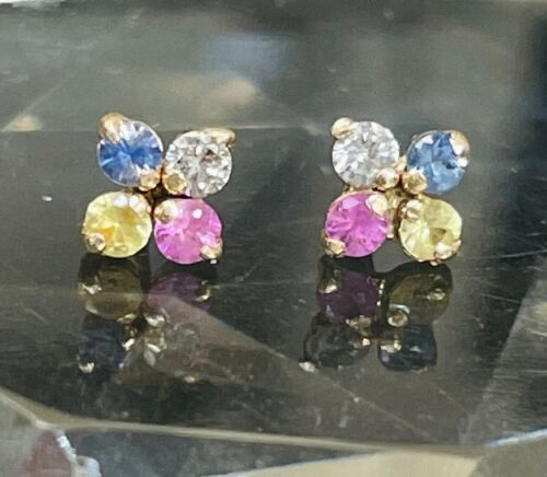 3mm Round Lab-Created Rainbow Sapphire Flower Stud Earrings 14K White Gold Over