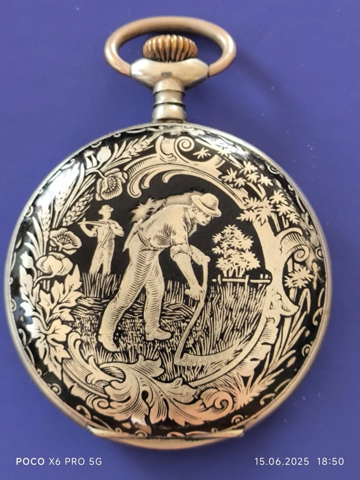 Pocket watcha with a picture of a horse nielloed metal Antique 52mm working. - Image 2 of 4