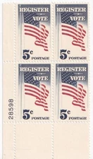 STAMP US SCOTT 1249 "Register Vote" 5 CENT 1964 MNH PB OF 4 LL - C